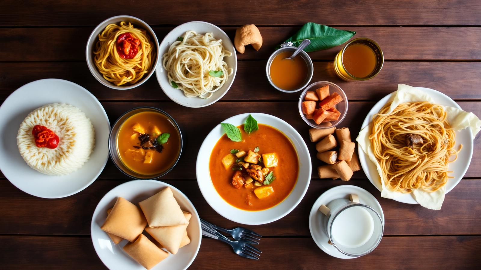 Traditional Malaysian food spread on a wooden table